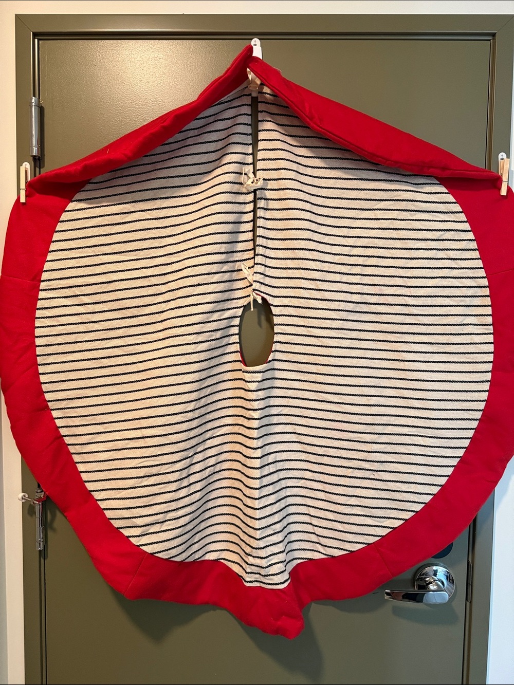 Striped Cream and Black Holiday Tree Skirt with Red Trim